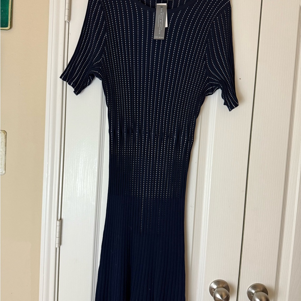 Lane Bryant Blue and White Ribbed Sheath Dress